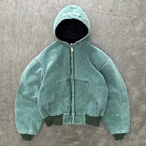 Custom High Quality Acid Washed Oversized Distressed Sweatshirt Drawstring Hoodie Hooded Zip Up Denim Sun Faded Jacket hoodie