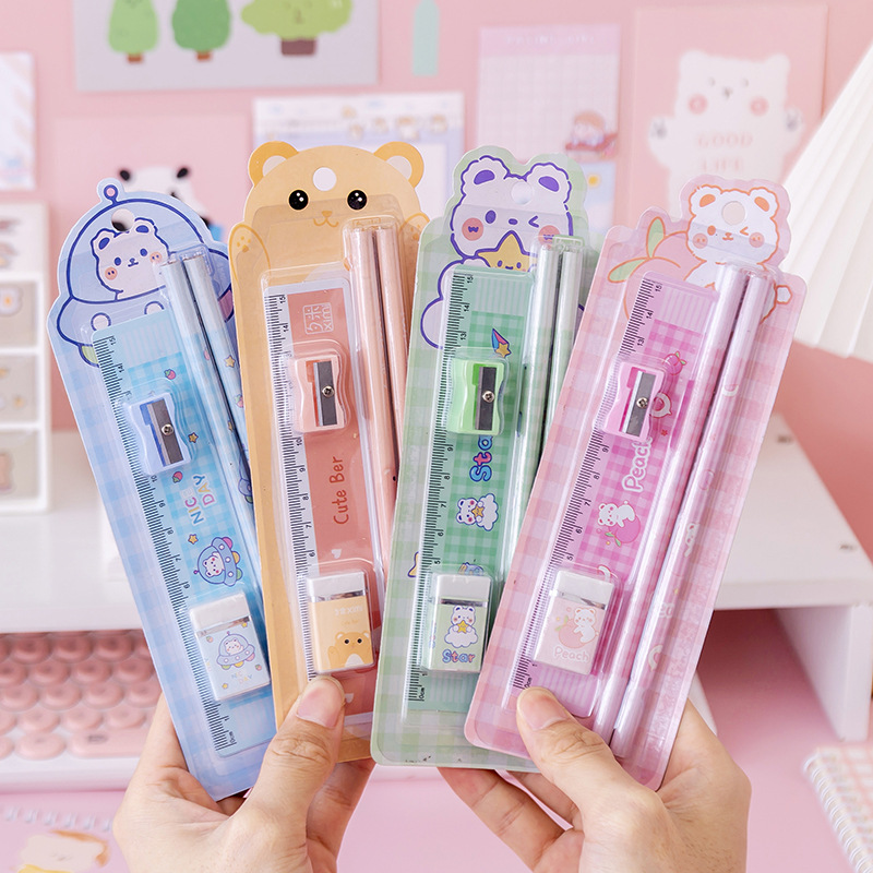 Cute Cartoon 5 Piece Pencil Suit Sharpener Eraser Ruler Set for Kids School Office Writing Student Stationery