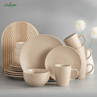 Stock ! LOMATO Ensemble de vaisselle moderne en céramique durable et réutilisable, 16 pièces, en grès classique, écologique, compatible lave-vaisselle, beige