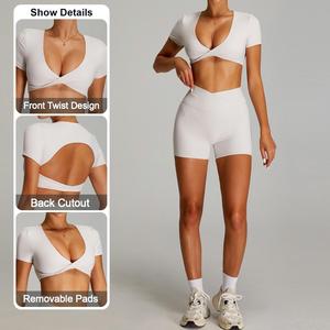Wholesale Women's Twist Front Cut Out Back Yoga Crop Top Built-in Bra Short Sleeve Workout Shirt Fitness Athletic Wear OEM ODM - Product Image 3