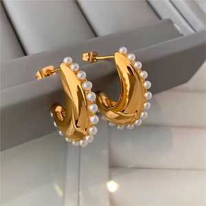 C-Shaped <b>Moon</b> Earrings 18K Gold Stainless Steel Stud Imitation Pearl Party Fashion Jewelry - Product Image 3