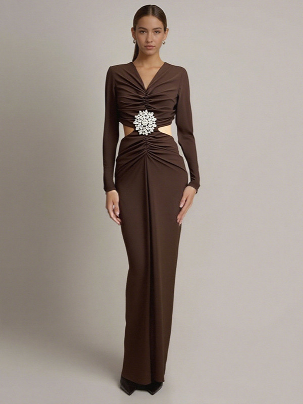 brown diamond dress Marcel Off Shoulder Diamante Maxi Dress - Chocolate