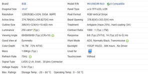 Módulo LCD MV190E0M-N10 de Alta Calidad, Pantalla LCD de 19 Pulgadas, 1280*1024, 250cd/m², LVDS, 20 Pines - Product Image 3