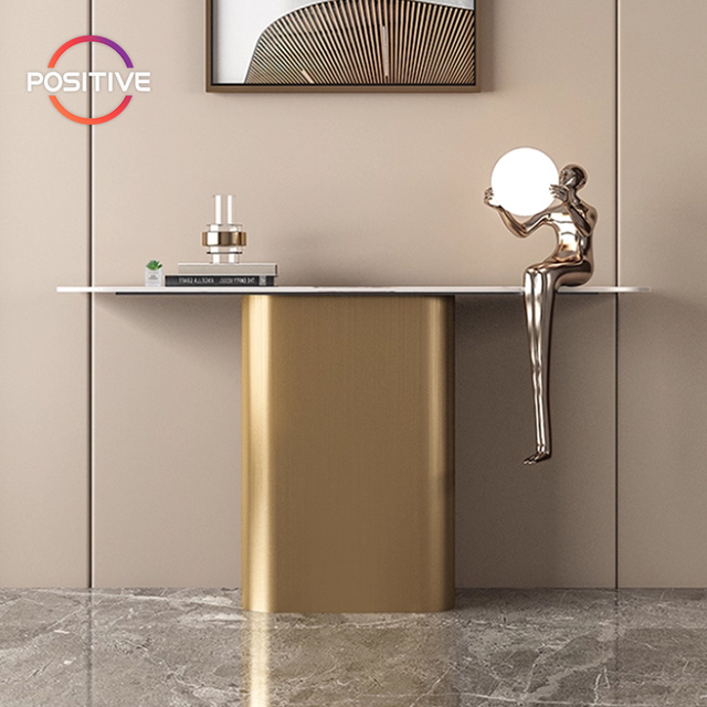 Modern Minimalist Narrow Console Table Light Luxury Sintered Stone Hall Table Luxury Gold Stainless Steel Entryway Table