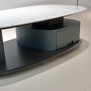 <span class=keywords><strong>Table</strong></span> basse ovale contemporaine en <span class=keywords><strong>marbre</strong></span> avec base en bois et tiroir, pièce maîtresse minimaliste pour salon - Product Image 2
