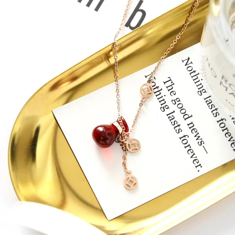 Lucky gourd blessing bag copper money rose gold color gold necklace Korean clavicle chain money birth year gift