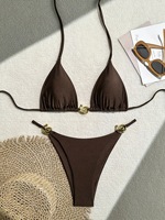 Nouveau Maillot de Bain Deux Pièces Sexy Personnalisé en Usine avec Anneau Métallique Uni, Bikini Triangle Halter et String Taille Haute pour Femme