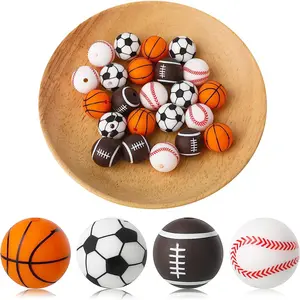 Customized Sports Silicone Beads 15mm Baseball Softball Football Round Silicone Baby Beads For Bracelet Necklace Keychain Making
