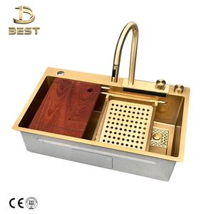 Handmade Luxury Gold Waterfall Kitchen Sink 80*46 Complete <b>Set</b> Stainless Steel Single Bowl <b>Square</b> Shape Apron Front Two - Product Image 1