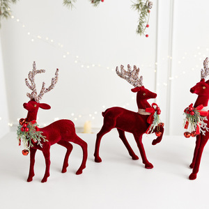 LINGKAI Red Flocked <b>Christmas</b> <b>Reindeer</b> Figurine With Glitter Antler Bell Bow Tabletop Ornament for Xmas Home Holiday Decor - Product Image 4