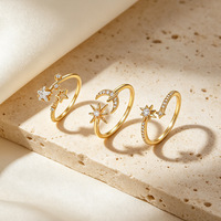 Ensemble de bagues célestes en argent sterling S925 |   Étoile, lune et fleur plaquées or 18 carats |   Bague ouverte avec pierres facettées blanches pour femme