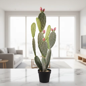 Cactus artificiel de style <span class=keywords><strong>Opuntia</strong></span> avec des boutons roses à double tonalité dans un <span class=keywords><strong>pot</strong></span> noir, fausse plante du désert haute pour la maison et le bureau - Product Image 5