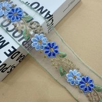 Ruban en organza brodé floral, dentelle transparente à fleurs bleues, détails brodés au fil doré, accessoires de mode pour femmes