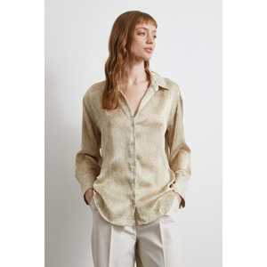 เสื้อเชิ้ตผ้าซาตินลายวีเนคสีเขียว เสื้อเชิ้ตผู้หญิงลำลองติดกระดุม สไตล์เรียบง่ายทุกวัน - Product Image 1