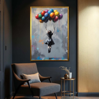 Toile Banksy Ballon Fille aux Ballons Colorés, Art Mural Moderne et Émouvant, Art de Rue Vibrant, Cadre en Bois Tendu