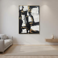 Grande peinture abstraite noire et blanche faite à la main, art en feuille d'or, toile texturée moderne, décoration murale, cadre personnalisé, taille personnalisable