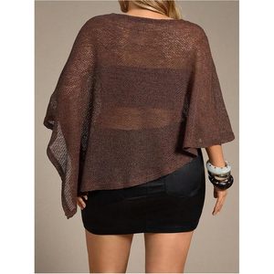 FOXA Women's Plus Size Sheer <b>Poncho</b> 3/4 Sleeve Lightweight Knitted Cover Up Cape Top Sweater Plain Dyed Acrylic - Product Image 2