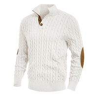 Pull en tricot torsadé pour homme, vert militaire, col montant boutonné, avec empiècements en daim, coupe ajustée, pour l'automne et l'hiver