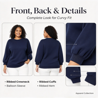 Sweat-shirt à col rond pour femme en coton mélangé et élasthanne, respirant et confortable, grande taille, décontracté, à manches ballon amples
