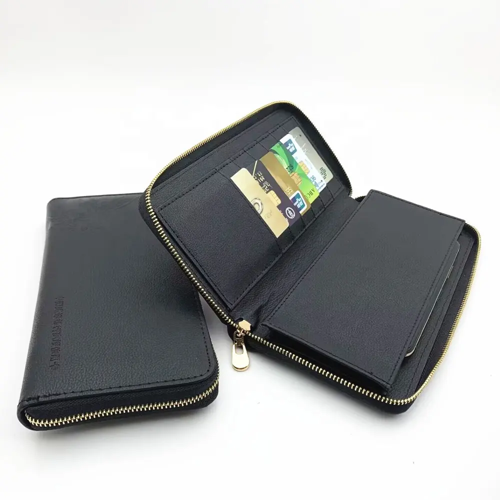 Custom logo Multi Man Handbag Wallets Luxury black PU leather wallet men with metal zipper closure
