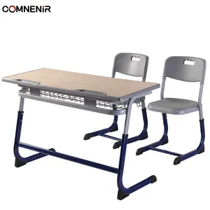 Mobilier de classe combiné double bureau d'école et chaise 2 étudiant Université Double bureau d'école Bureau d'école en bois