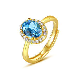 Classique 925 Argent Femmes Bague Bleu Ovale Zircon Pierre Anneau <span class=keywords><strong>Halo</strong></span> Bague de Fiançailles - Product Image 1