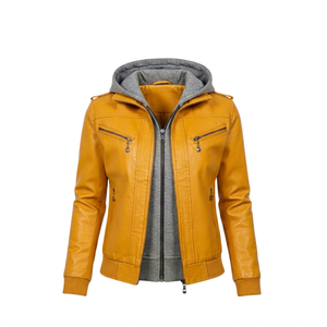 Veste de moto jaune en cuir PU pour femme avec capuche et intérieur doublé, et pantalon assorti - Product Image 1