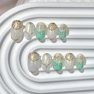 Nouveaux ongles à presser couleur dégradé vert, 100% <span class=keywords><strong>dessin</strong></span>és à la main, motifs étoiles et lunes, <span class=keywords><strong>faux</strong></span> ongles à couverture complète, nouvelle collection d'art ongulaire à vendre - Product Image 1