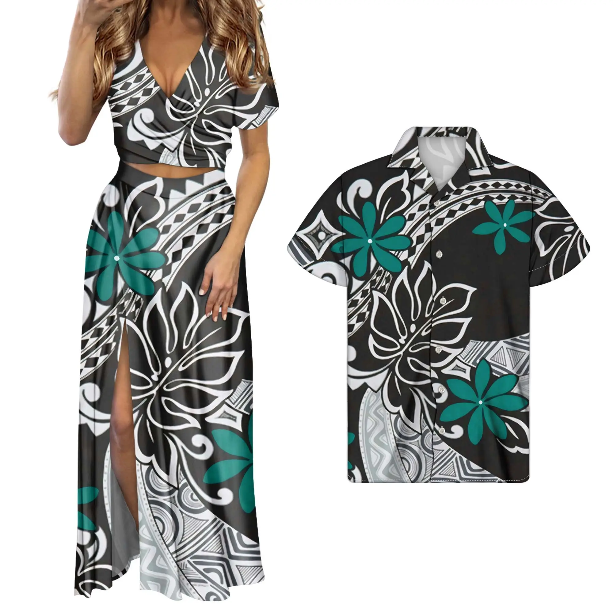 Уникальный полинезийский этнический дизайн Гавайский Цветочный принт элегантный женский v-образный вырез с коротким рукавом Макси платья набор подходящая мужская рубашка