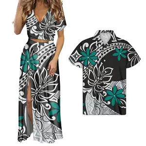 Unieke Polynesische Tribal Design Hawaiiaanse Bloemen Gedrukt Elegante Vrouwen V-hals Korte Mouwen Maxi Jurken Set Match Mannen Shirt
