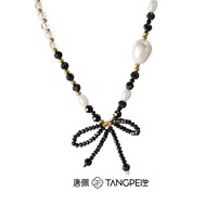 Kalung Mutiara Imitasi Paduan Logam TANGPEI Desain Bayangan Kupu-kupu Malam Gelap Choker Pita Hitam Putih Perhiasan Fashion untuk Wanita