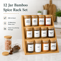 Ensemble de 12 pots à épices en verre avec couvercles en bambou et support à 3 niveaux pour le rangement de la cuisine