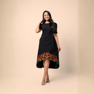 Vestido Midi de Algodón Elegante de Primera Calidad con Bordado Floral y Dobladillo Asimétrico Negro - Product Image 5