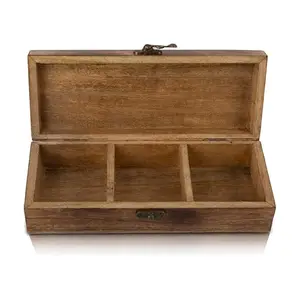 Decorative Wooden Tea Box Storage Chest Organizer Container Holder Rack With 3 Large Storage Compartments For Assorted Variety