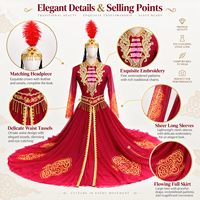 Costume de danse folklorique du Xinjiang pour femmes, dégradé rouge professionnel, broderie dorée de luxe, robe de scène avec coiffe