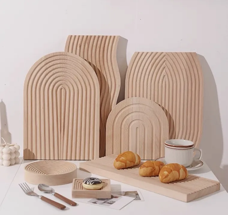 Custom Nordic Water Ripple Beech Bamboo Wooden Coffee Tea Bread Food Serving Trays