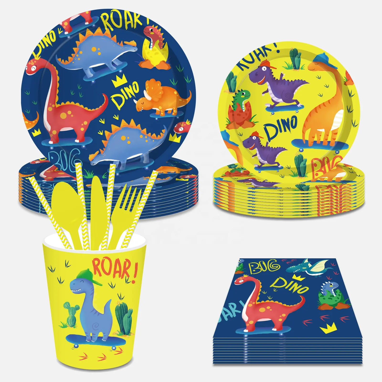 Huancai Dinosaur scooter party supplies paper plates cups napkins disposable tableware set for kids birthday party decorations