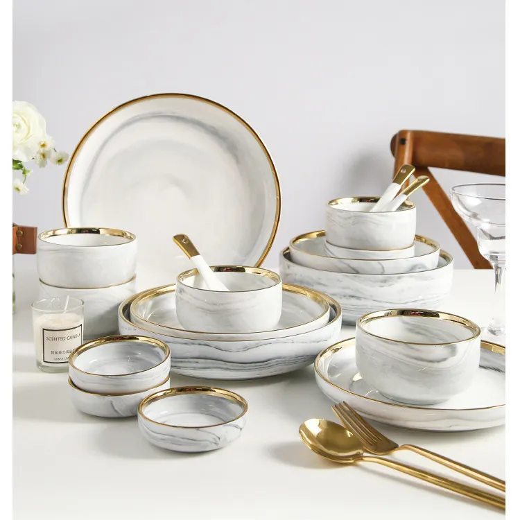 Marbre motif conception assiettes en céramique ensembles de luxe royal or jante os chine vaisselle 12 porcelaine vaisselle fête dîner ensemble