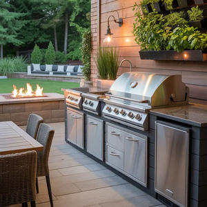 Module de cuisine extérieur avec planche à découper intégrée, barbecue et fumoir à commande par bouton avec stabilisateur de flamme pour préparation sur terrasse en aluminium - Product Image 1