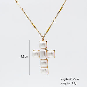 Collar de Acero Inoxidable con Baño de Oro y Colgante de Cruz Cuadrada con Perlas Clásicas, Gran Venta, para Mujer, de Terceros - Product Image 5