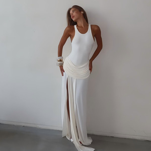 Elegante Vestido Maxi Sin Mangas con Abertura y Pliegues, Cintura Imperio, Escote Redondo, Transpirable para Noches de Ocio - Product Image 1