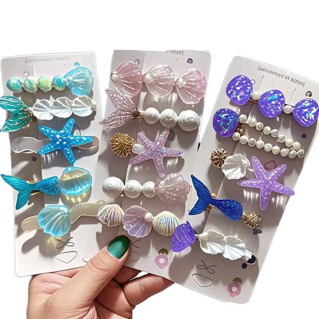 Hot Sell 5pc/set Trendy Cartoon Alligator Hair Clips Cute Colored Starfish Seashell Plastic Set Girls Kids Hair Decoration
