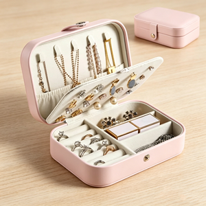 Elegant Pink Rectangle Jewelry <b>Box</b> With Buckle Closure Dual Layer Organizer For Necklaces Rings Earrings - Product Image 1