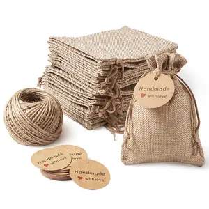 Groothandel Custom Logo Natuur Kleur Jute Zakje Gift Sieraden Verpakking Opslag Hessische Hennep Tasje Met Card