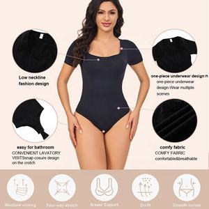 Grosir bodysuit lengan pendek wanita pembentuk tubuh pelangsing kaus leher sendok Shapewear kontrol perut dengan desain Thong - Product Image 2