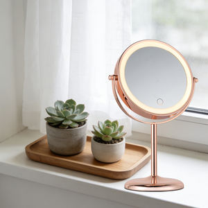 Op maat gemaakte LED bruine ronde staande tafelspiegel met LED-verlichting, ronde slaapkamerspiegel met vergroting, dubbelzijdige make-upspiegel - Product Image 4