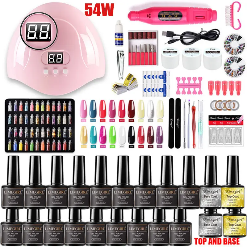 54W Acrylic Nail Kit Professional Full Set Beauty Salon Diy Manicure & Pedicure Set Uv Gel Polish Tools Nail Prep Kit With Lamp