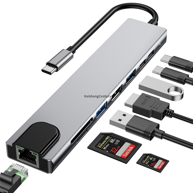 8-in-1 USB C Hub for Macbook Air Pro C Adapter Multi-USB 3.0 Splitter OTG HD RJ45 Dock Station SD Card Data Converter USB 2.0