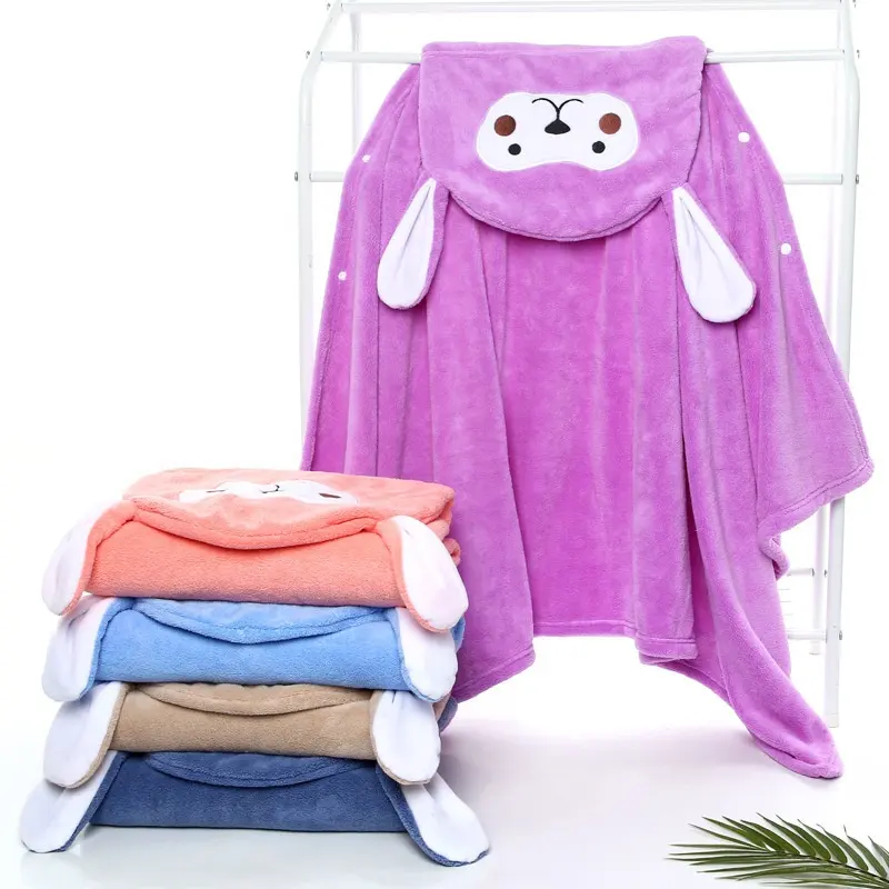 Quick Drying Newborn Baby Coral Fleece Cartoon Pattern Hooded Bath Towel Wrap Robe Cloak Bathing Swimming Bathrobe