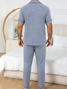 Men's Custom Blue Pajamas Summer Cotton 100%Lounge Set Men Bamboo Pajamas Wholesale OEM ODM Plus Size Soft <b>Clothes</b> - Product Image 6